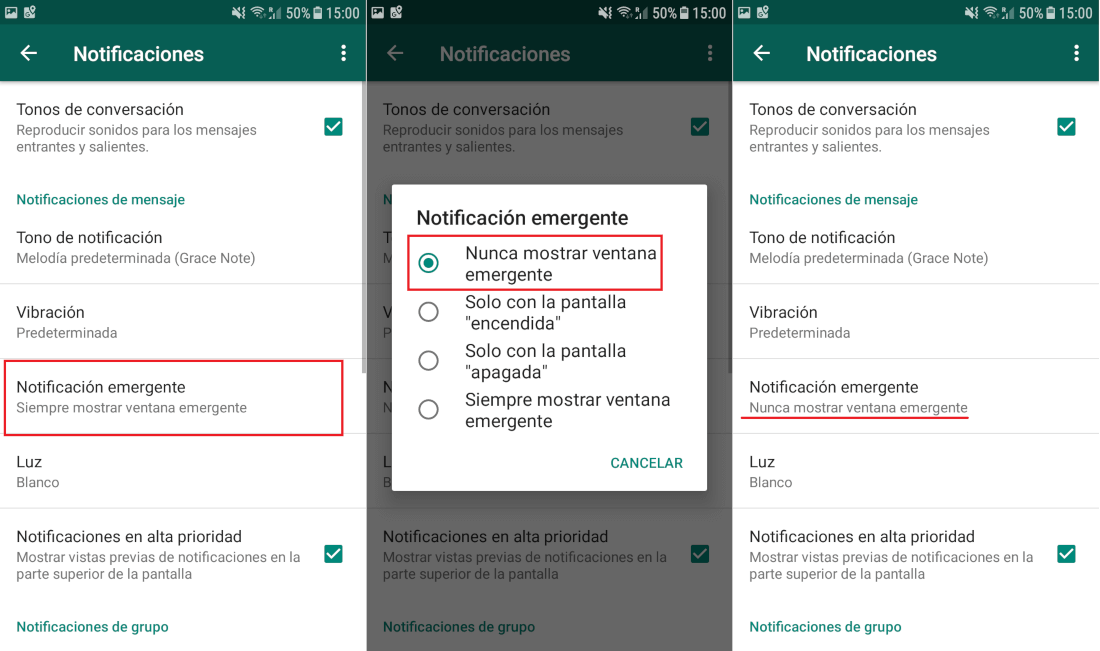 como desactivar la respuesta de mensajes de Whatsapp desde las notificaciones