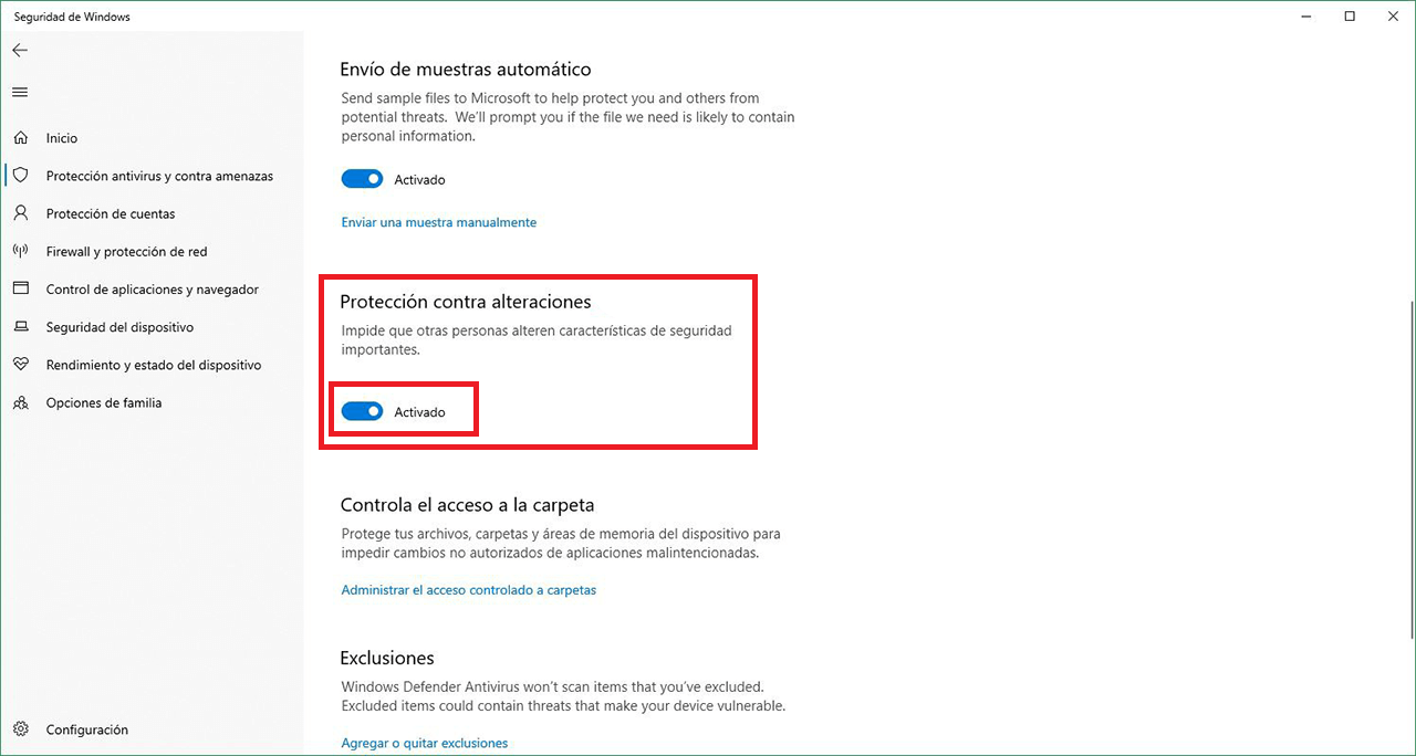 proteger la configuracion de tu antivirus Windows Defender con la proteccion contra alteraciones