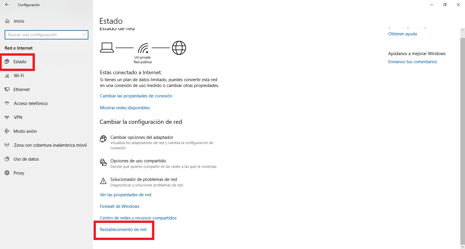 exclamación amarilla en el icono de conexion de red en windows 10