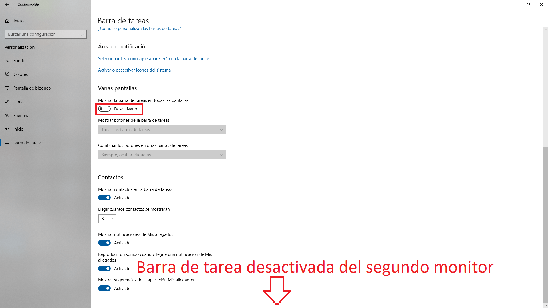 evitar que la segunda pantalla muestre la barra de tareas en windows 10