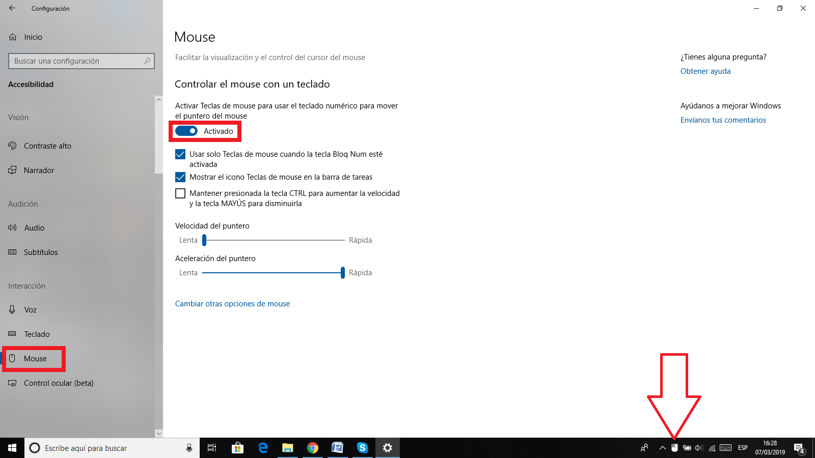 usar el teclado para controlar el cursor del ratón de Windows 10