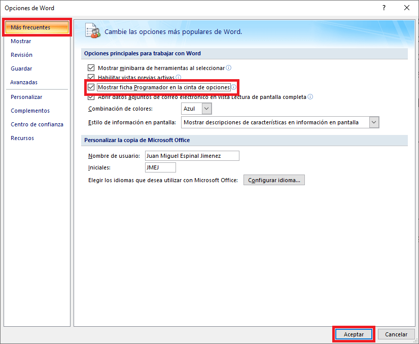 activar la pestaña desarrollador en el editor de texto Word