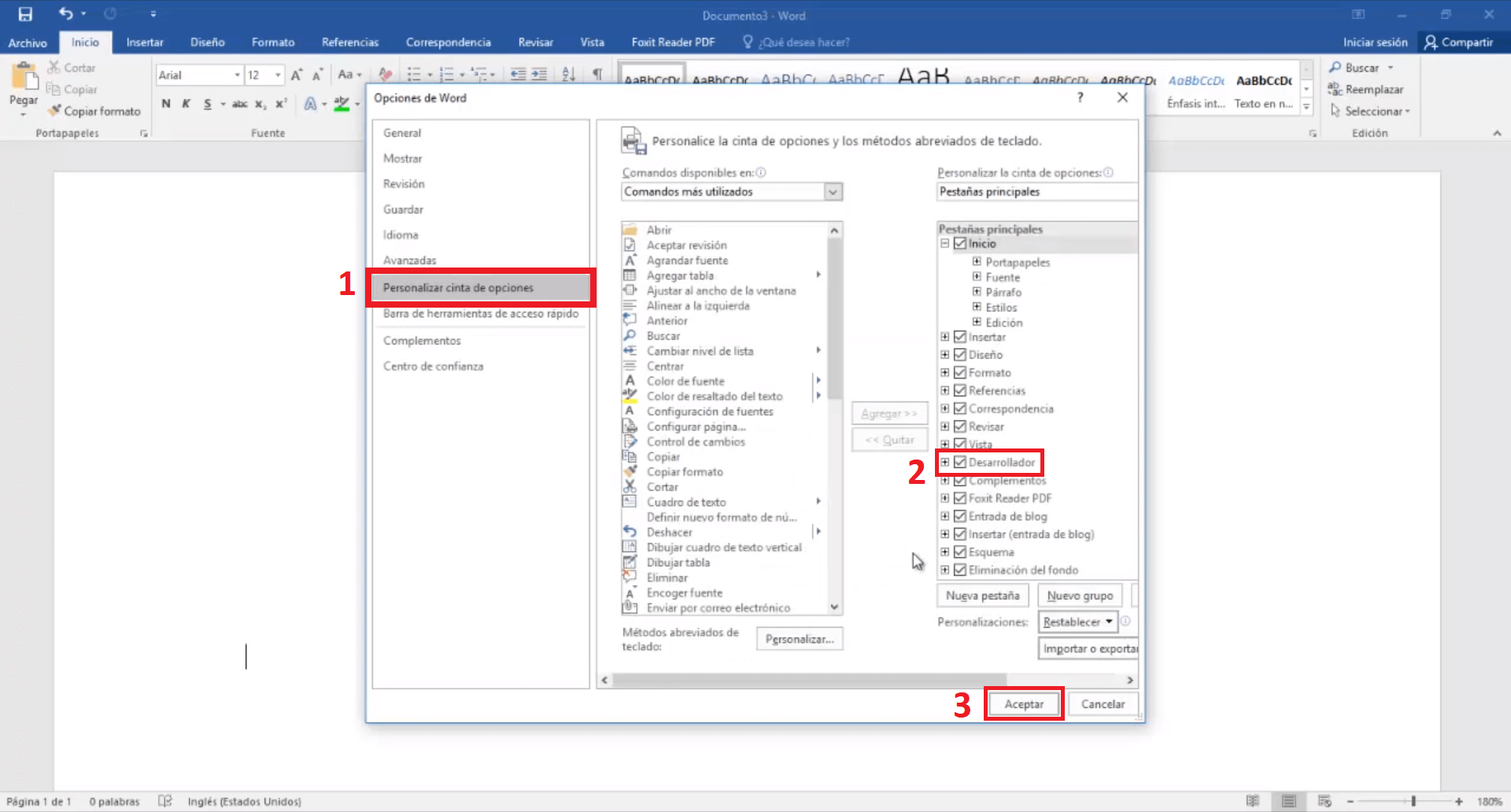 Pestaña de programador en microsoft Word