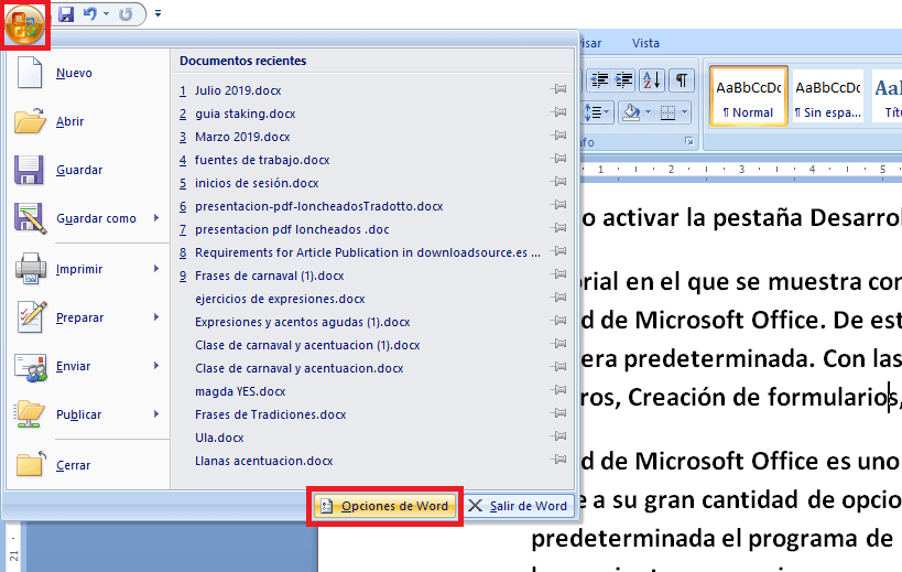 como activar la pestaña desarrollador en word