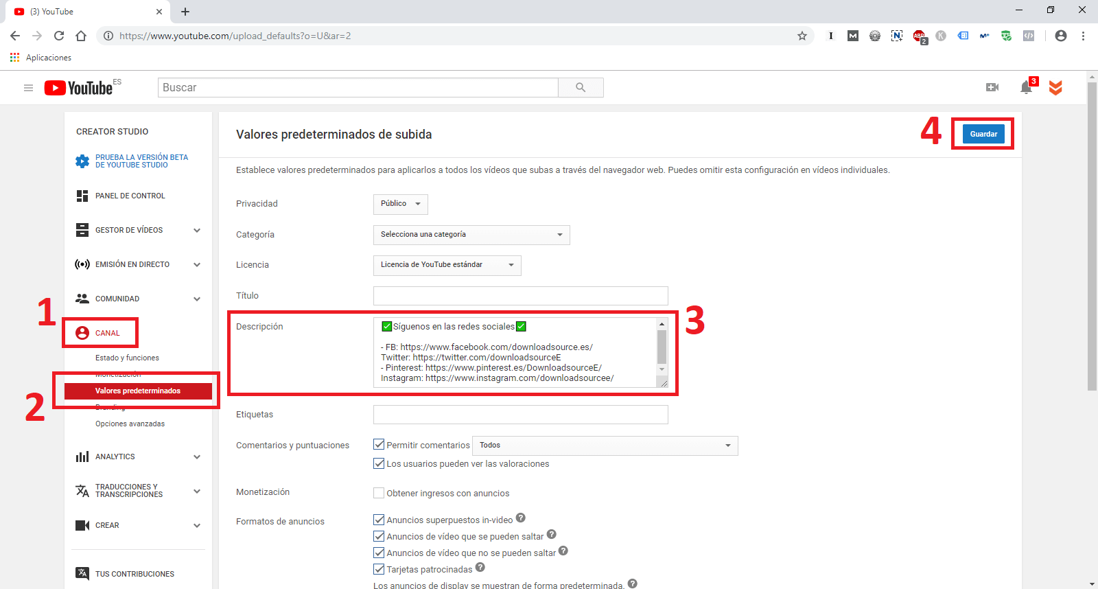 hacer que se añada una descripción automática cuando subimos un video a Youtube