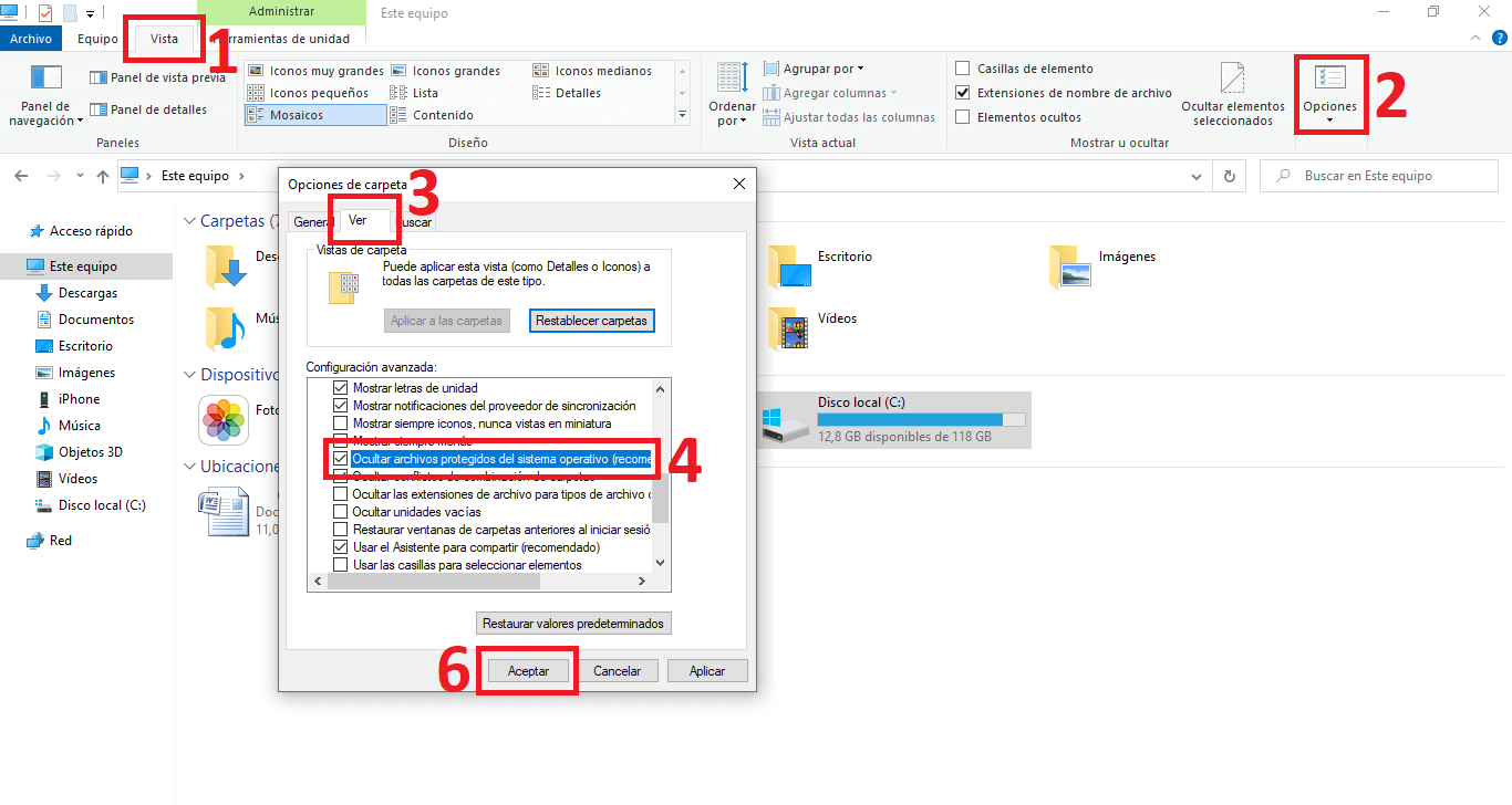 mostrar los archivos ocultos del sistema operativo Windows 10