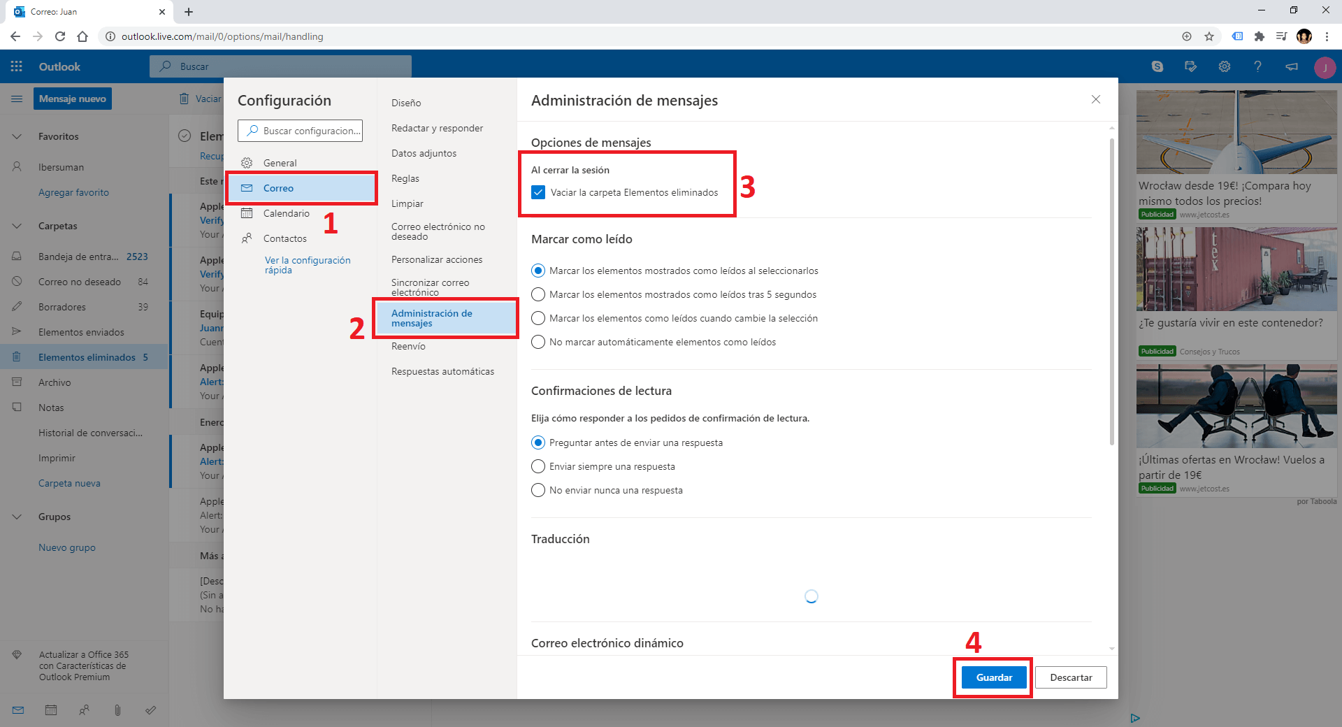 borrar automáticamente los correos de la carpeta Elementos Eliminados al cerrar sesión Outlook