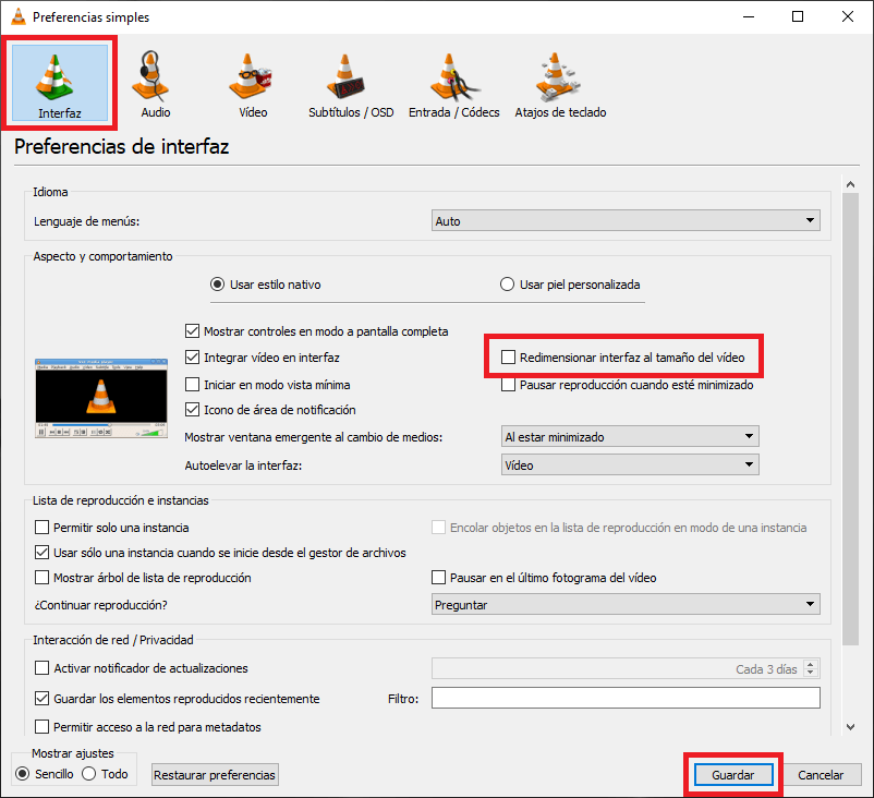 impedir que la ventana de vlc se ajuste automaticamente a la resolución del video