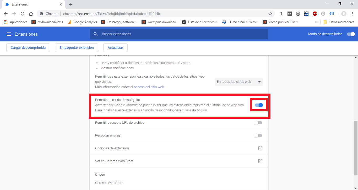 usar las extensiones en el modo incognito de Google Chrome