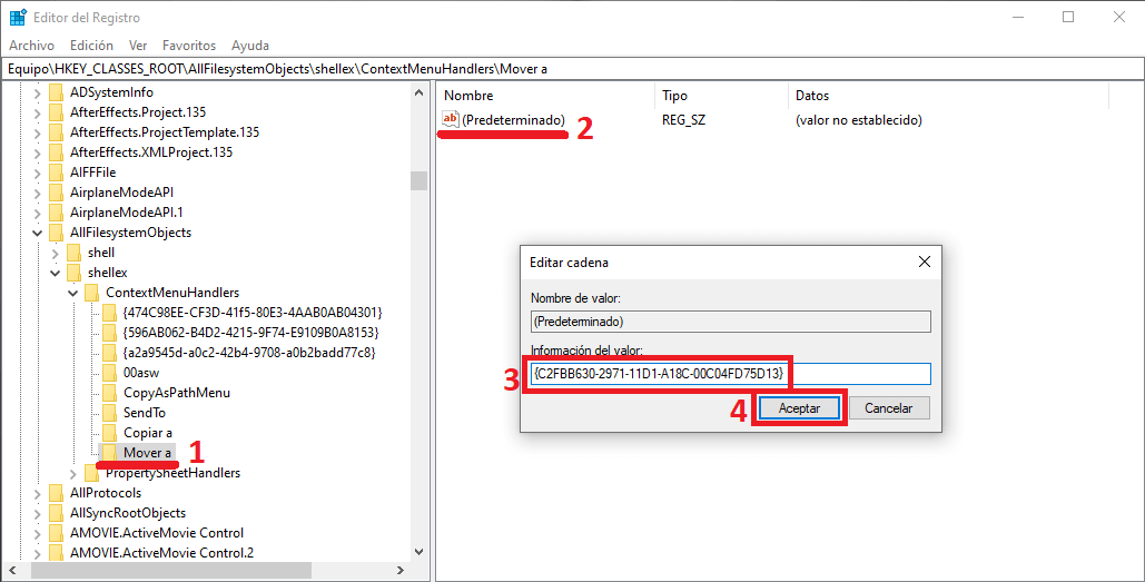 windows 10 permite activar la función mover a carpeta en el menu contextual