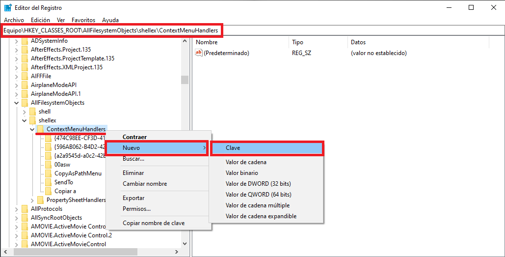 como activar la funcion mover a la carpeta en el menu contextual de Windows 10