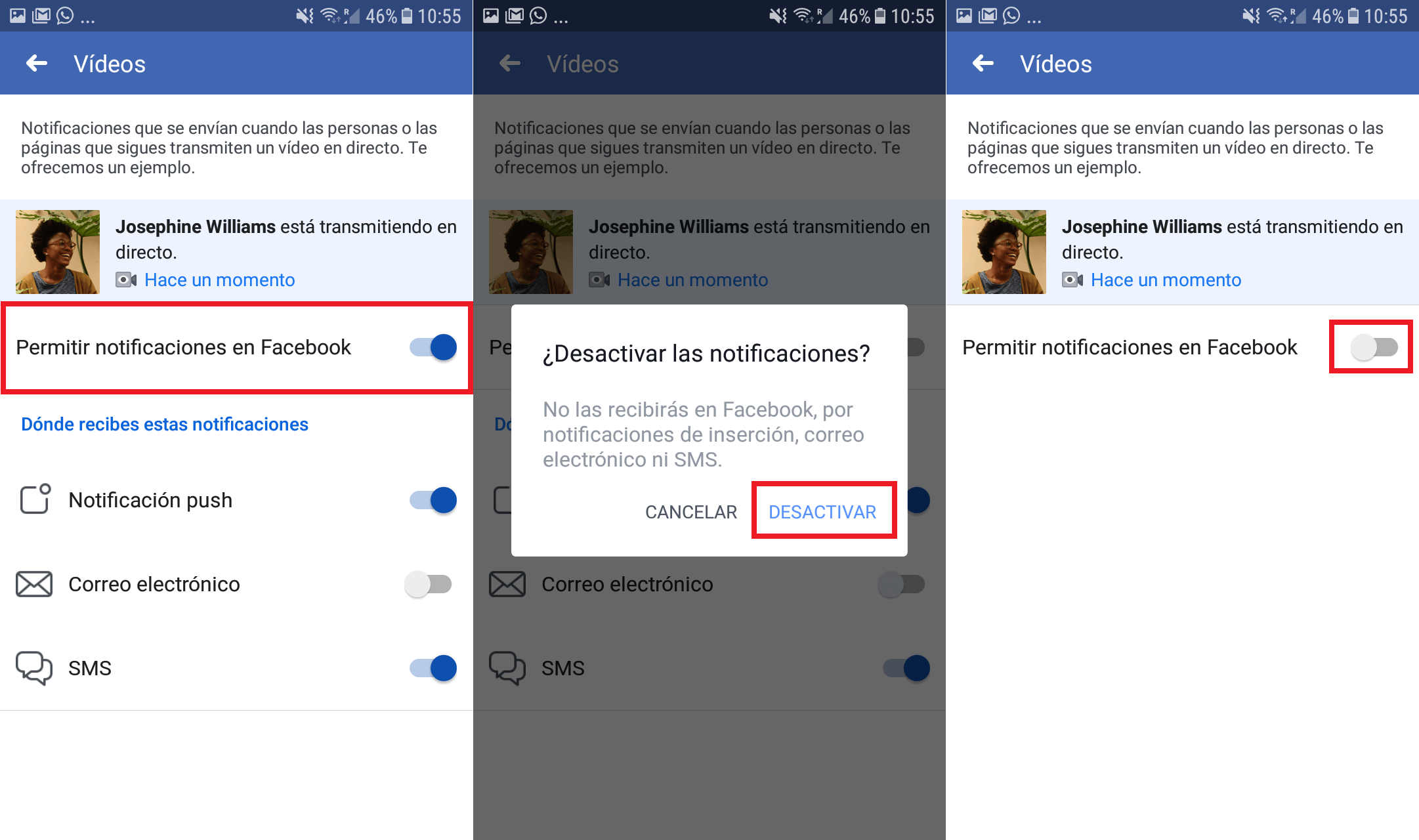 desactivar Notificaciones de Facebook sobre video en directo