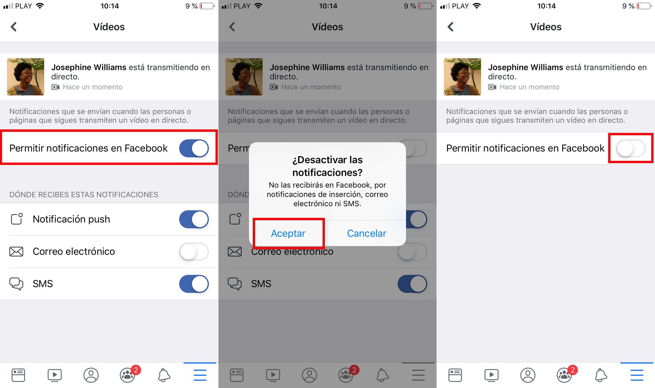 desactiva las molestas notificacioens de los videos en directo de tus amigos de FAcebook