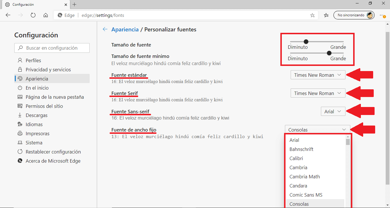 Microsoft edge te permite personalizar el texto (letra) en Microsoft Edge