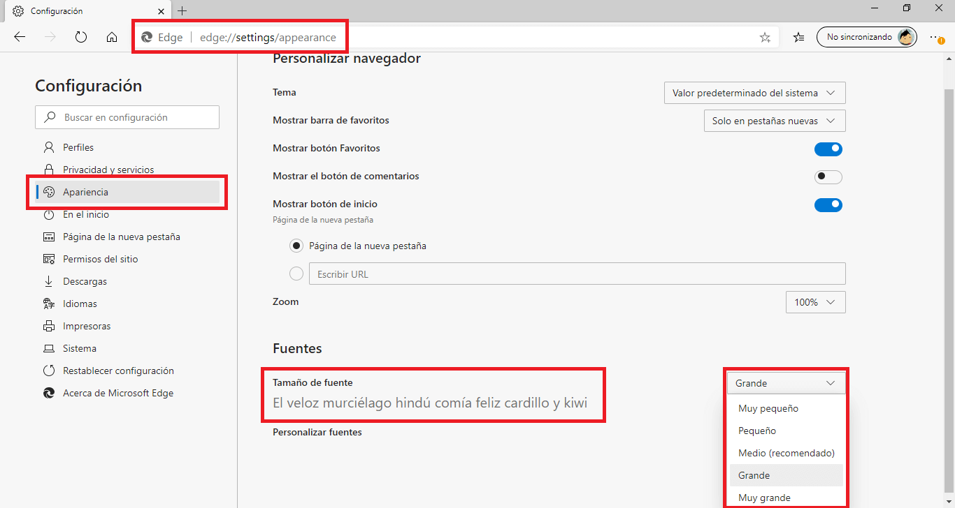 cambiar el tamaño del texto en microsoft edge