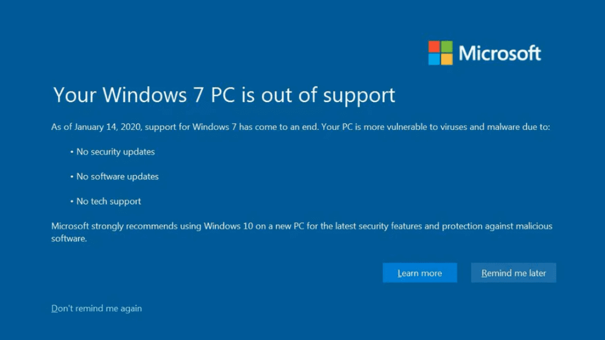 no mostrar la pantalla de fin de soporte en Windows 7