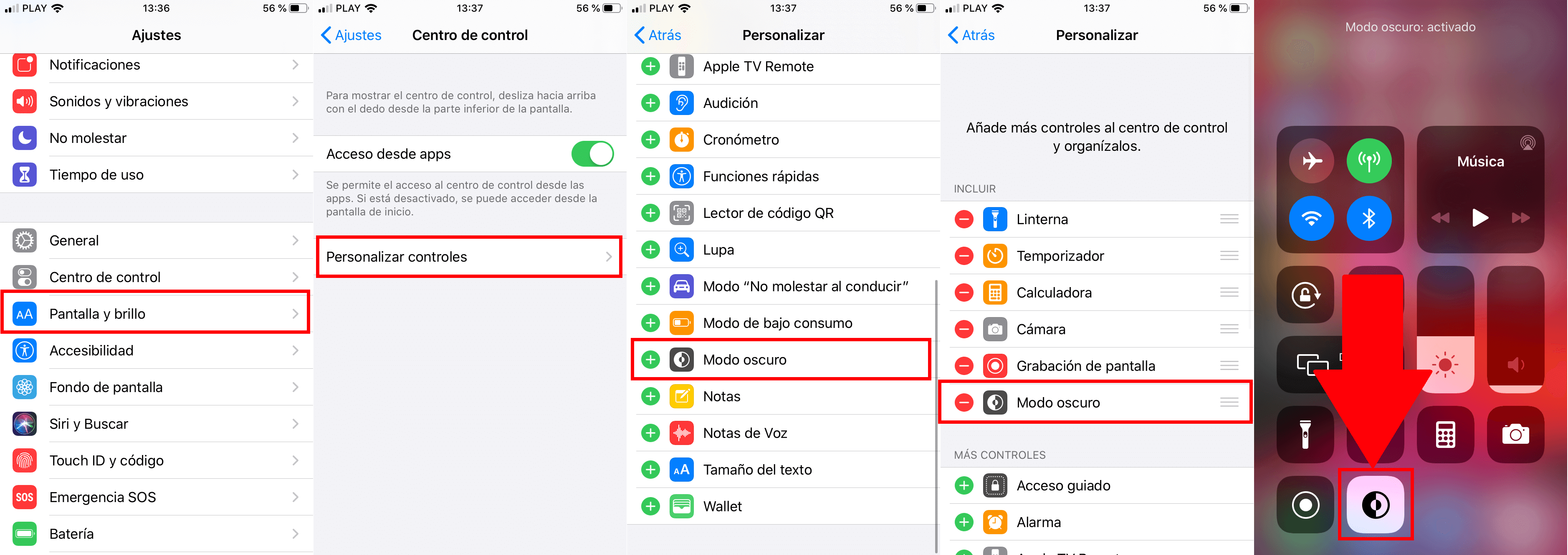 activar el botón de Modo Oscuro en el centro de control de tu iphone o iPad con iOS