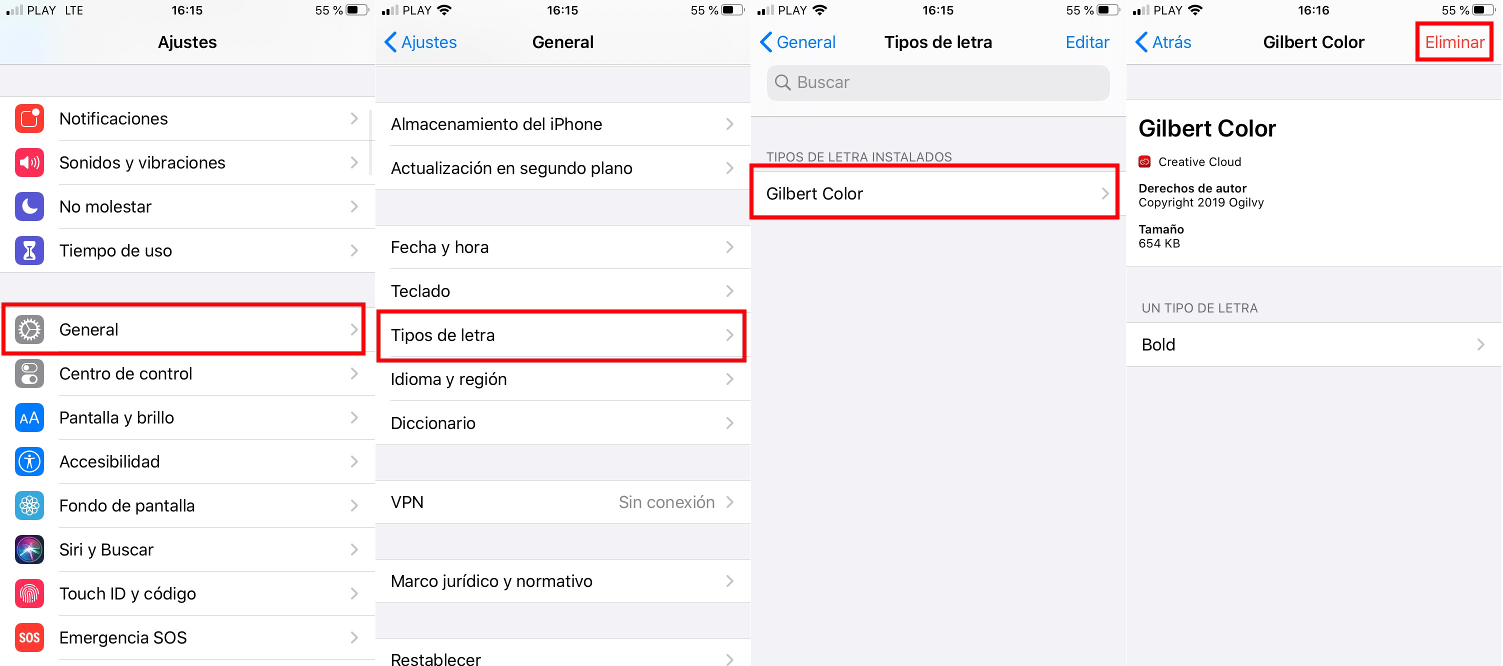 como eliminar el tipos de letras instalados en iPhone