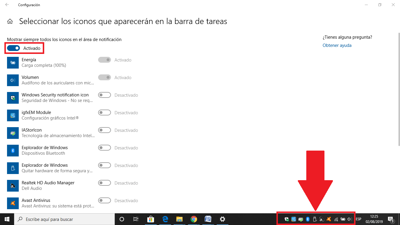 mostrar todos los iconos de la bandeja del sistema en windows 10