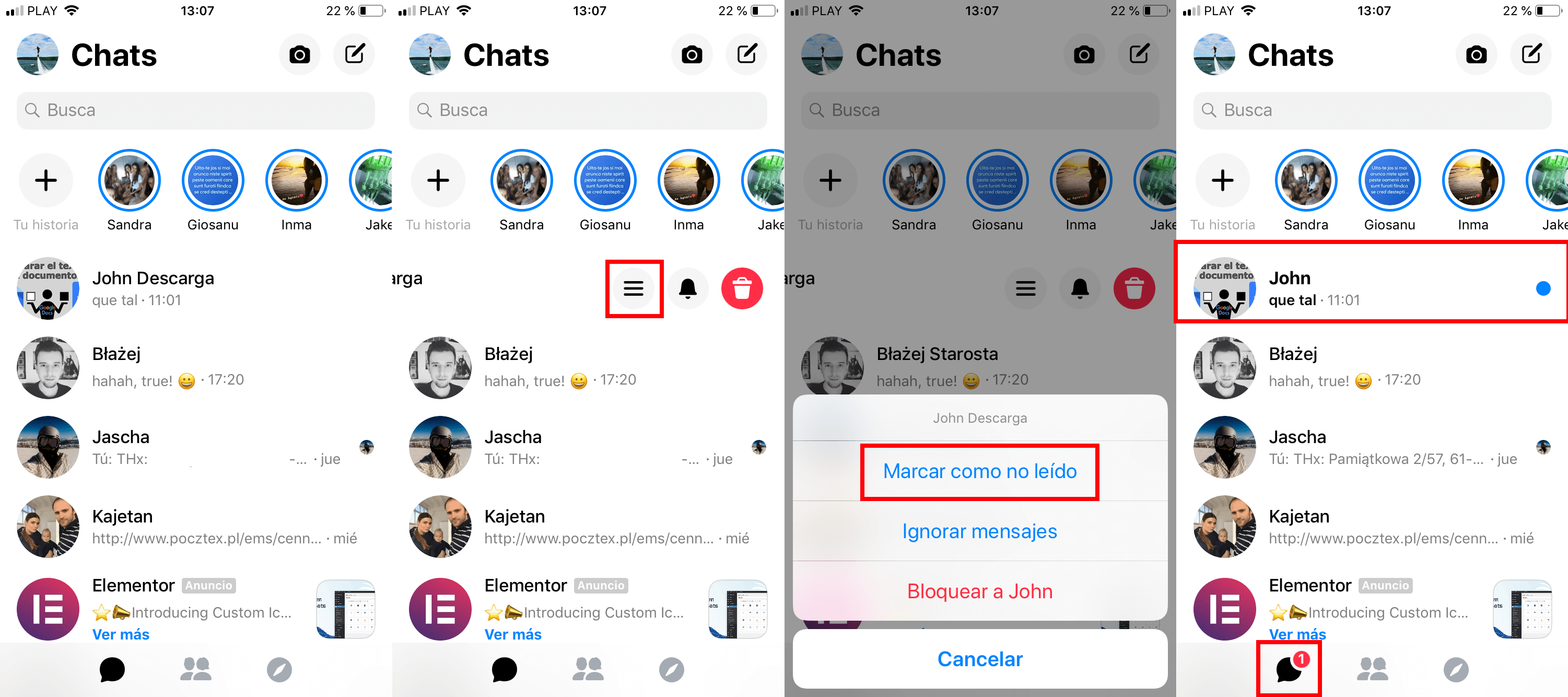 Facebook Messenger permite marcar chats y mensajes como No leido