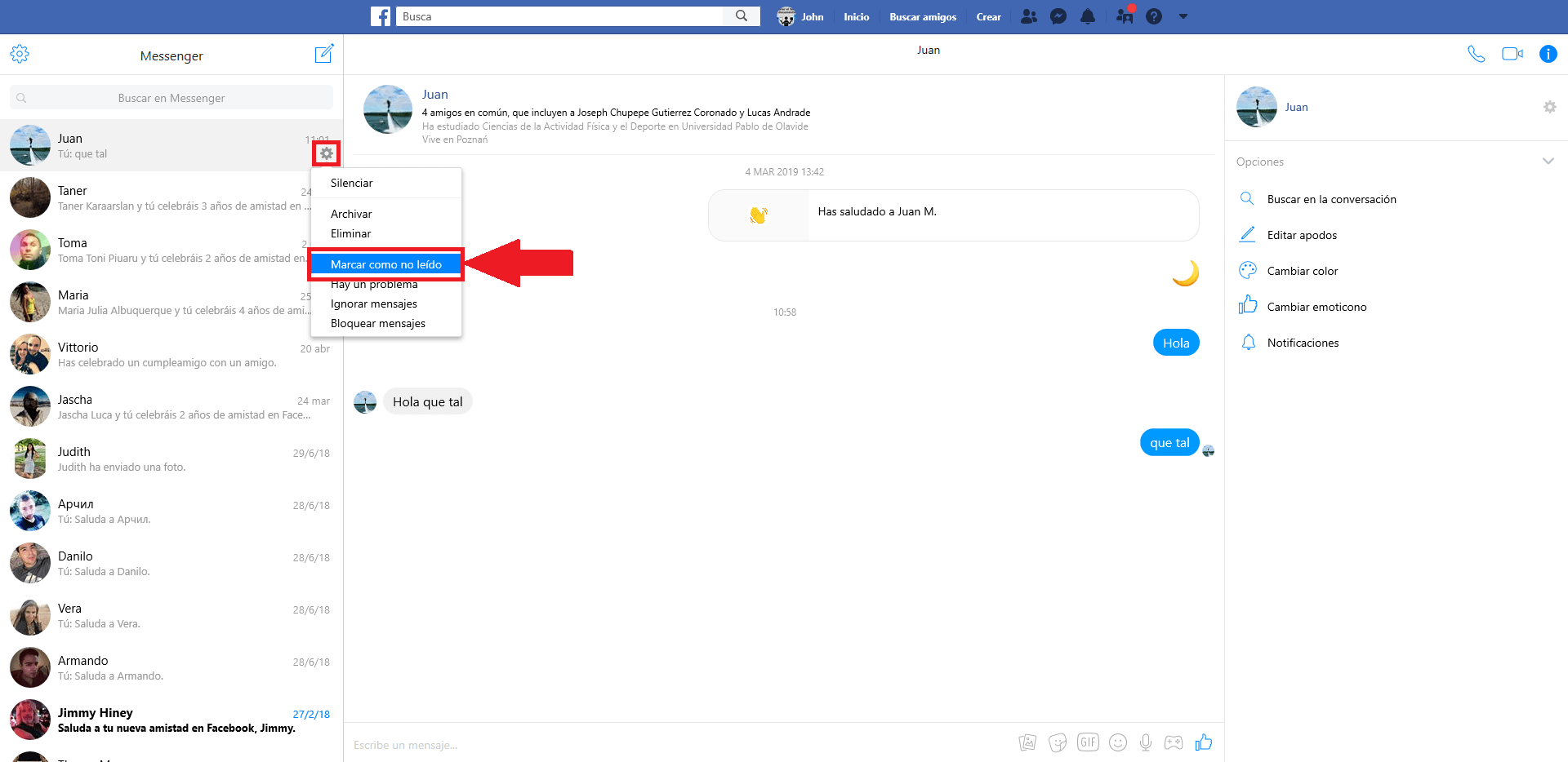 marcar un mensaje de messenger como no leido