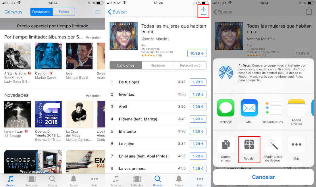 como regalar canciones desde el itunes de tu iphone