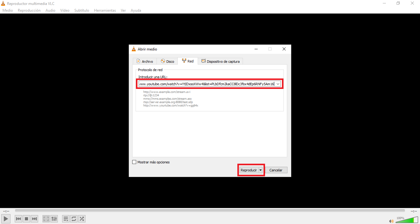VLC permite reproducir listas de reproducción de youtube