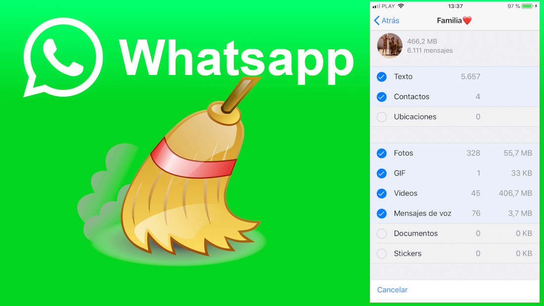 eliminar tipos de archivos específicos de chats de Whatsapp en iPhone o android