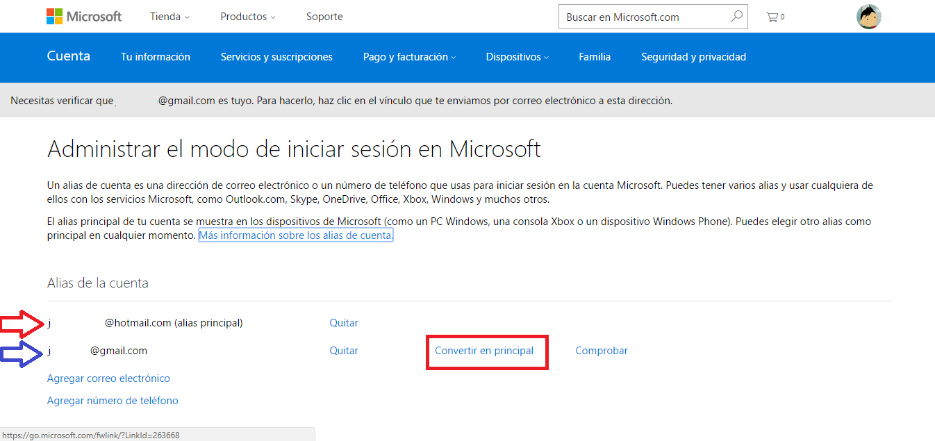 convertir correo el alias principal de microsoft