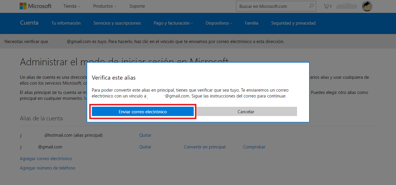 verificación del nuevo correo electronico principal de Microsoft