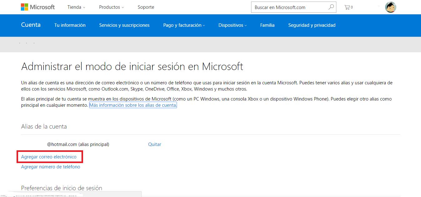 agregar el correo principal de microsoft