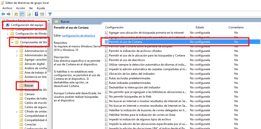 eliminar cortana de windows 10 Aniversario