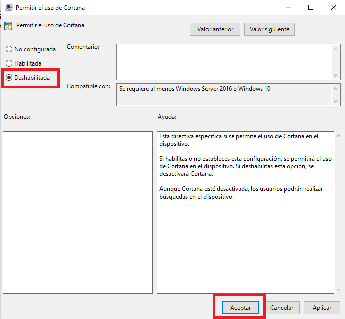No permitir el uso de cortana en windows 10 aniversario