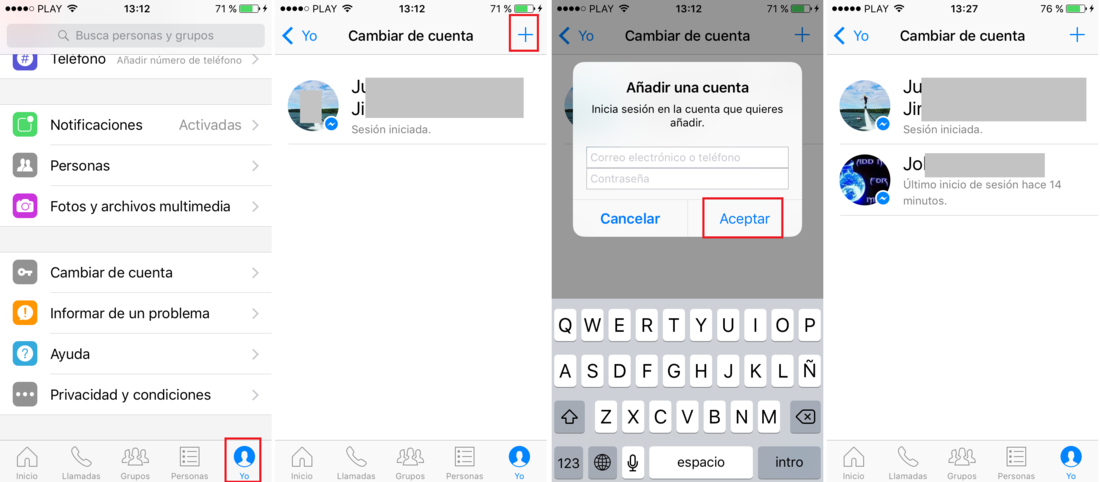 varias cuentas en la aplicación Facebook Messenger de iOS