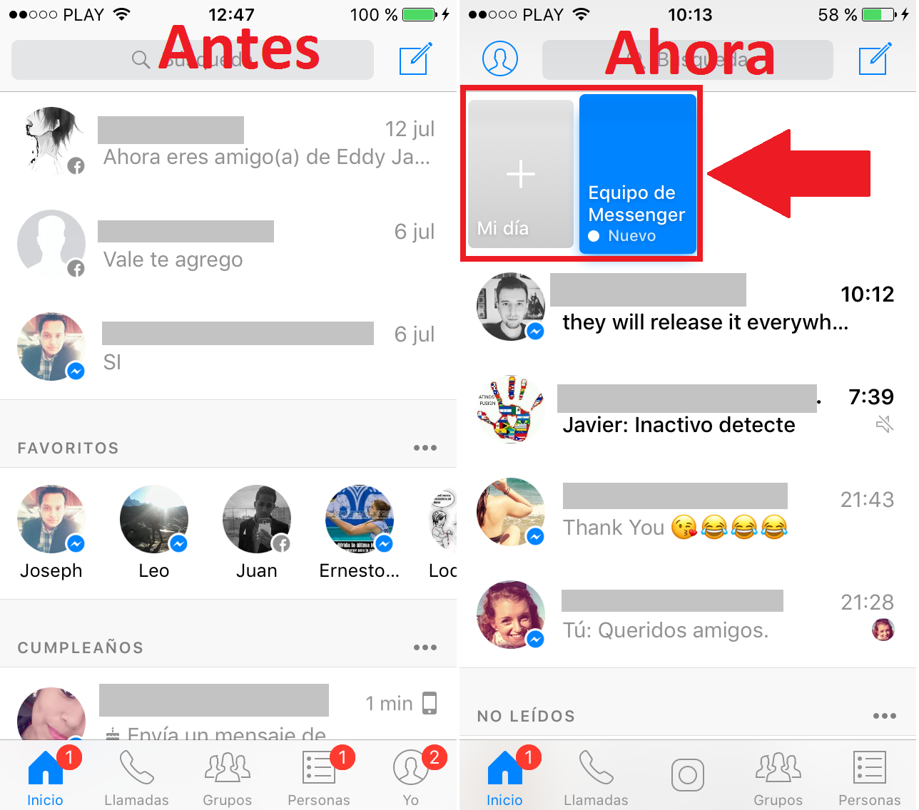 diferencia entre la nueva interfaz de messenger y la antigua con Mi dia 