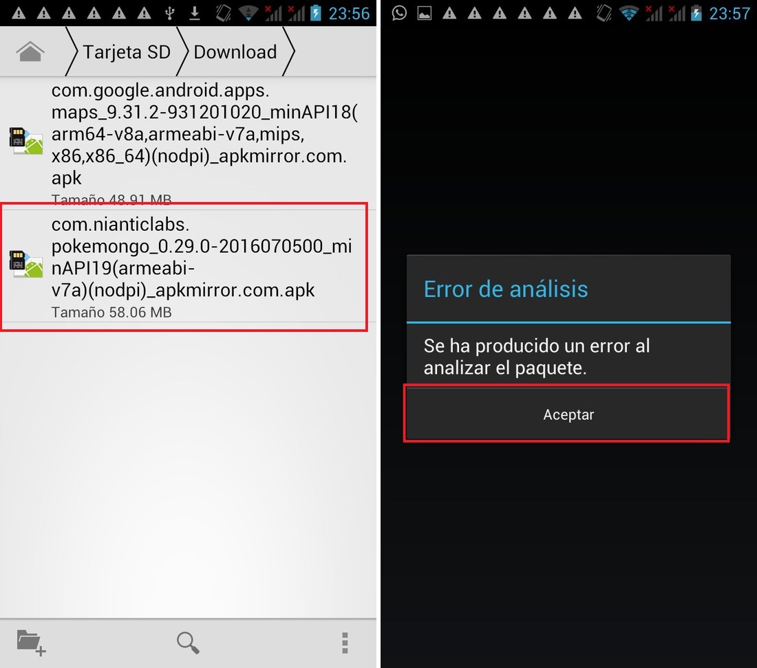 Se ha producido un error al analizar el paquete al instalar la apk de Pokémon Go
