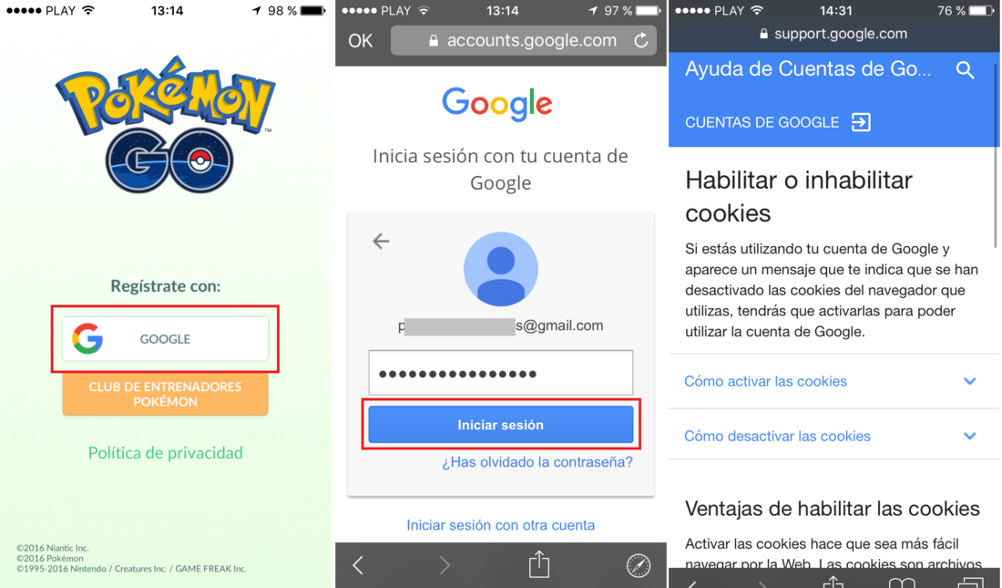 problema con las cookies en el inicio de sesión en Pokemon go