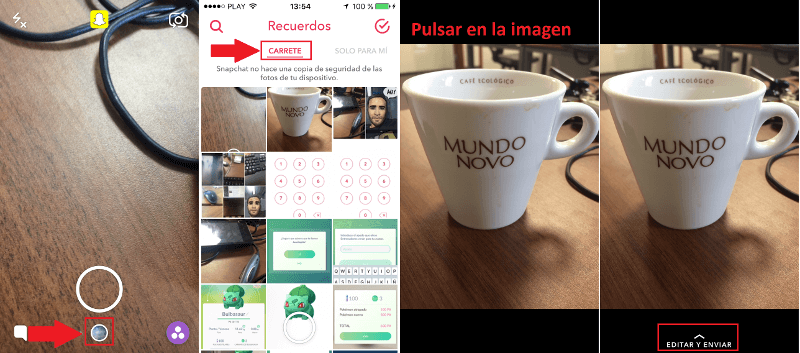 como subir fotos a snapchat desde la galera de Android o desde el carrete de ios