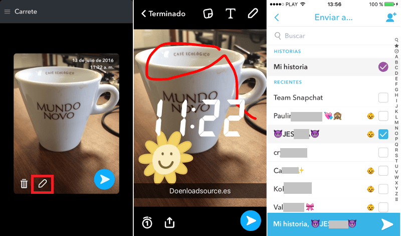 enviar fotos en Snapchat desde la galería de Android o iOS