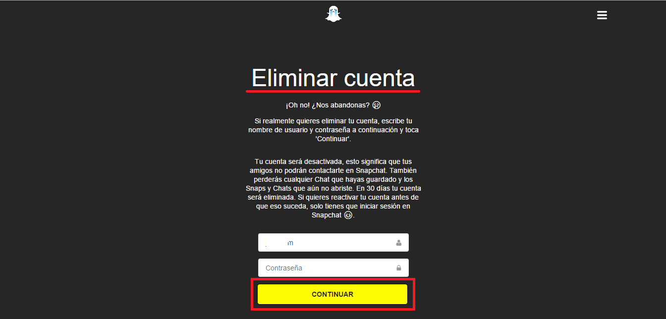 eliminar tu cuenta de Snapchat desde tu ordenador o telefono android o iOS