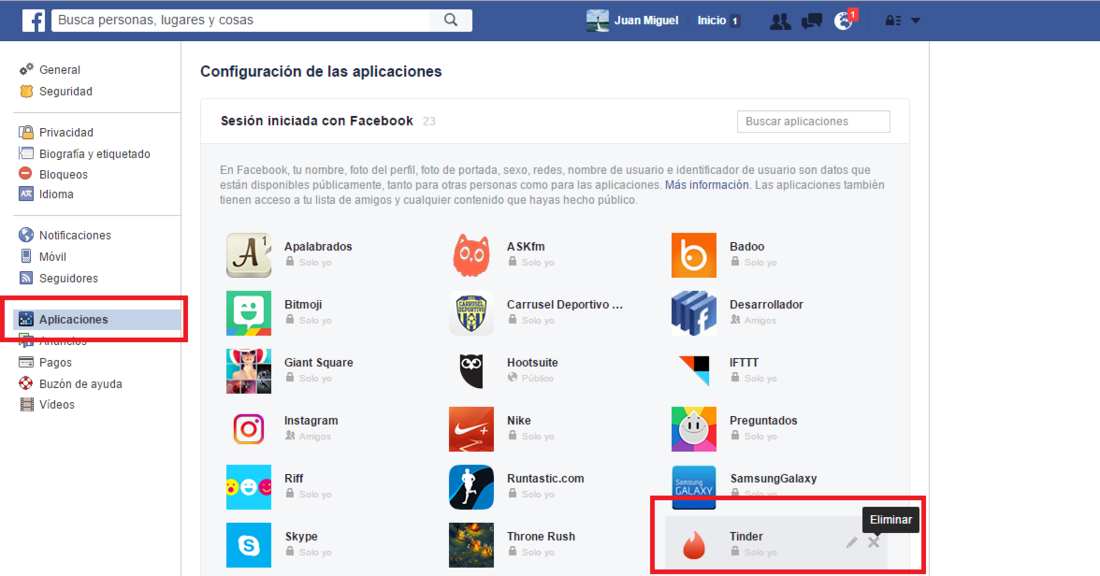 Borrar la aplicación tinder por completo de tu facebook