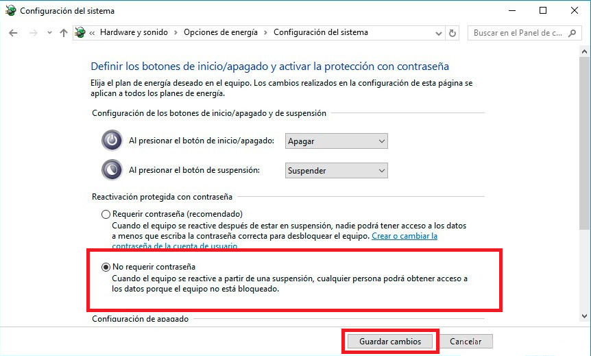 no usar contraseña tras la reanudación de Windows 10 despues de la suspension del ordenador