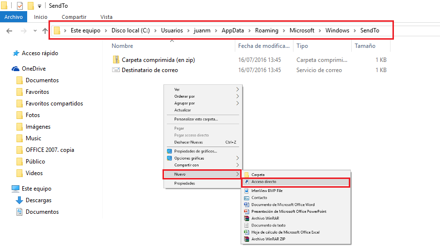 Corregir errores con la opción Enviar a en Windows 10