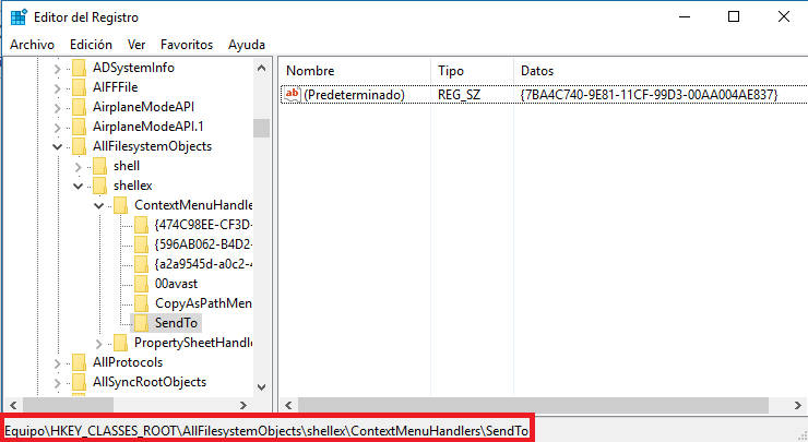 Windows 10 solucionar Enviar a en el menu contextual
