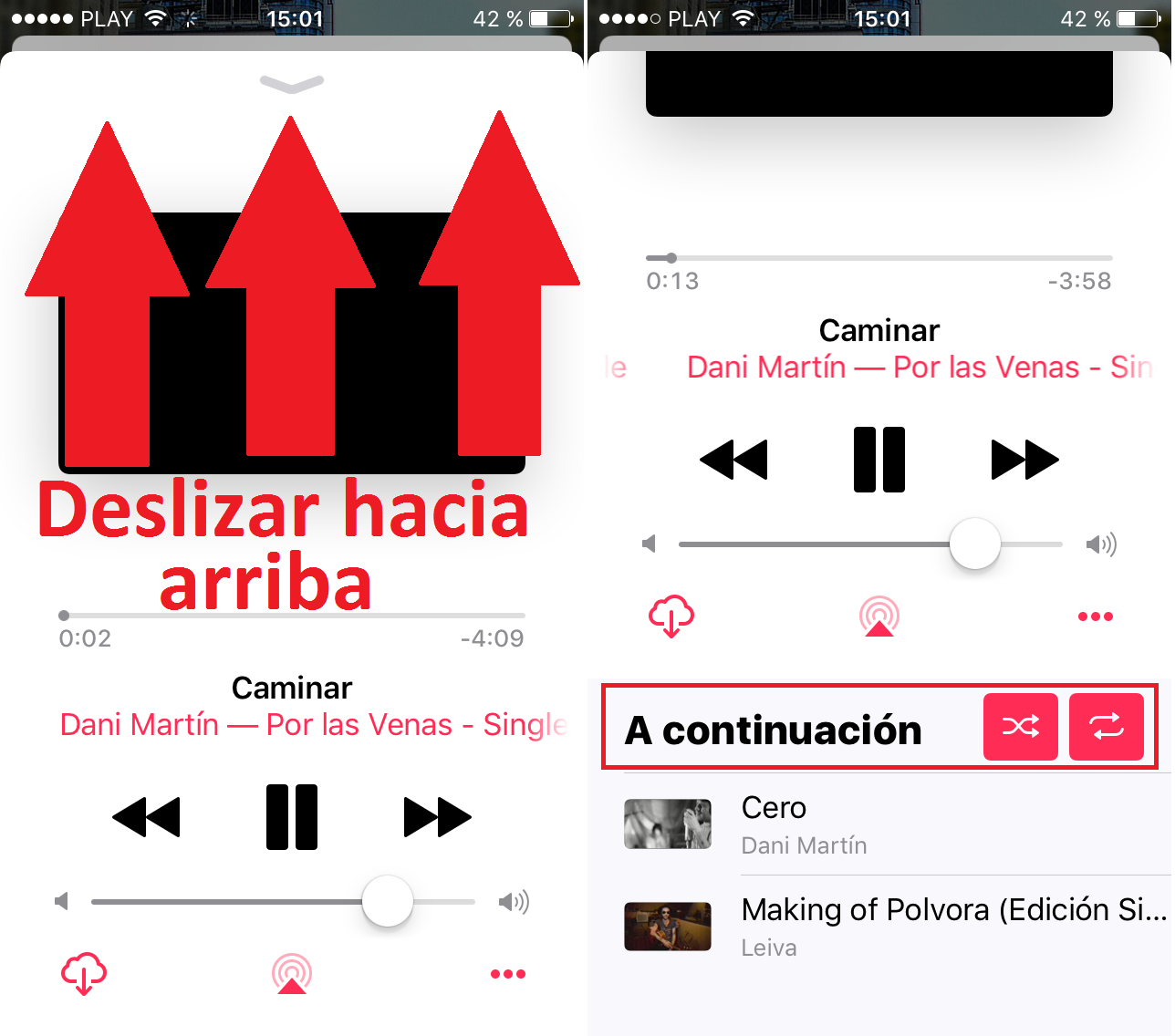 como acceder a los botones de reproducción aleatoria o continua en Musica de iOs 10