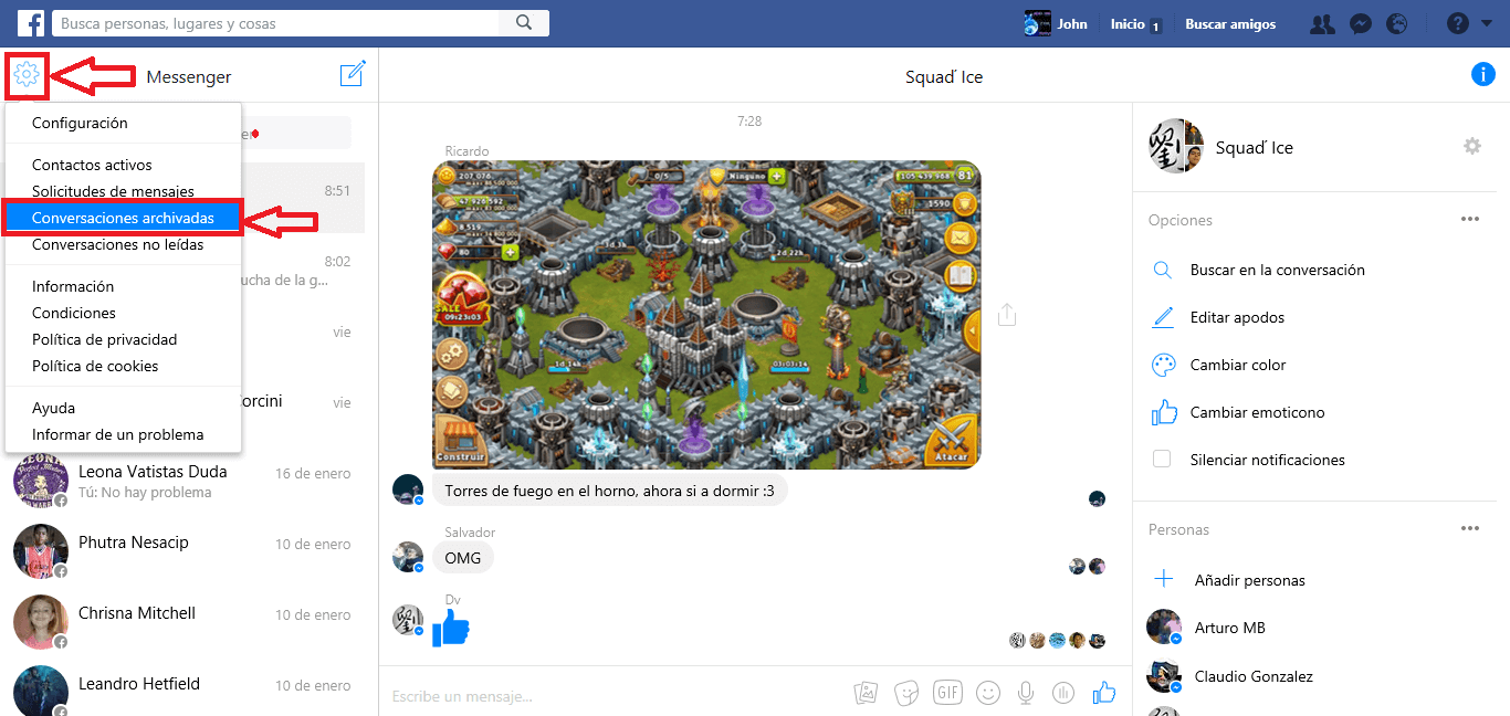 ver las conversaciones archivadas de facebook messenger