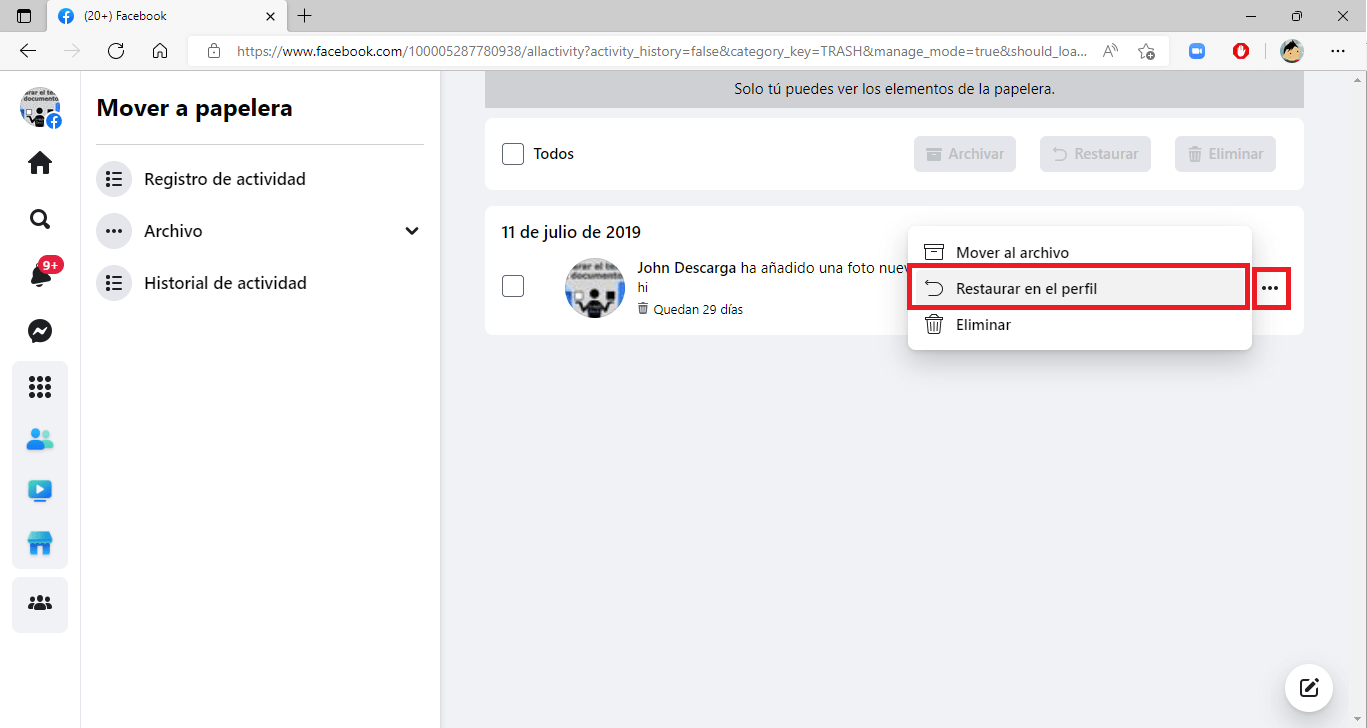 como restaurar post borrados de facebook