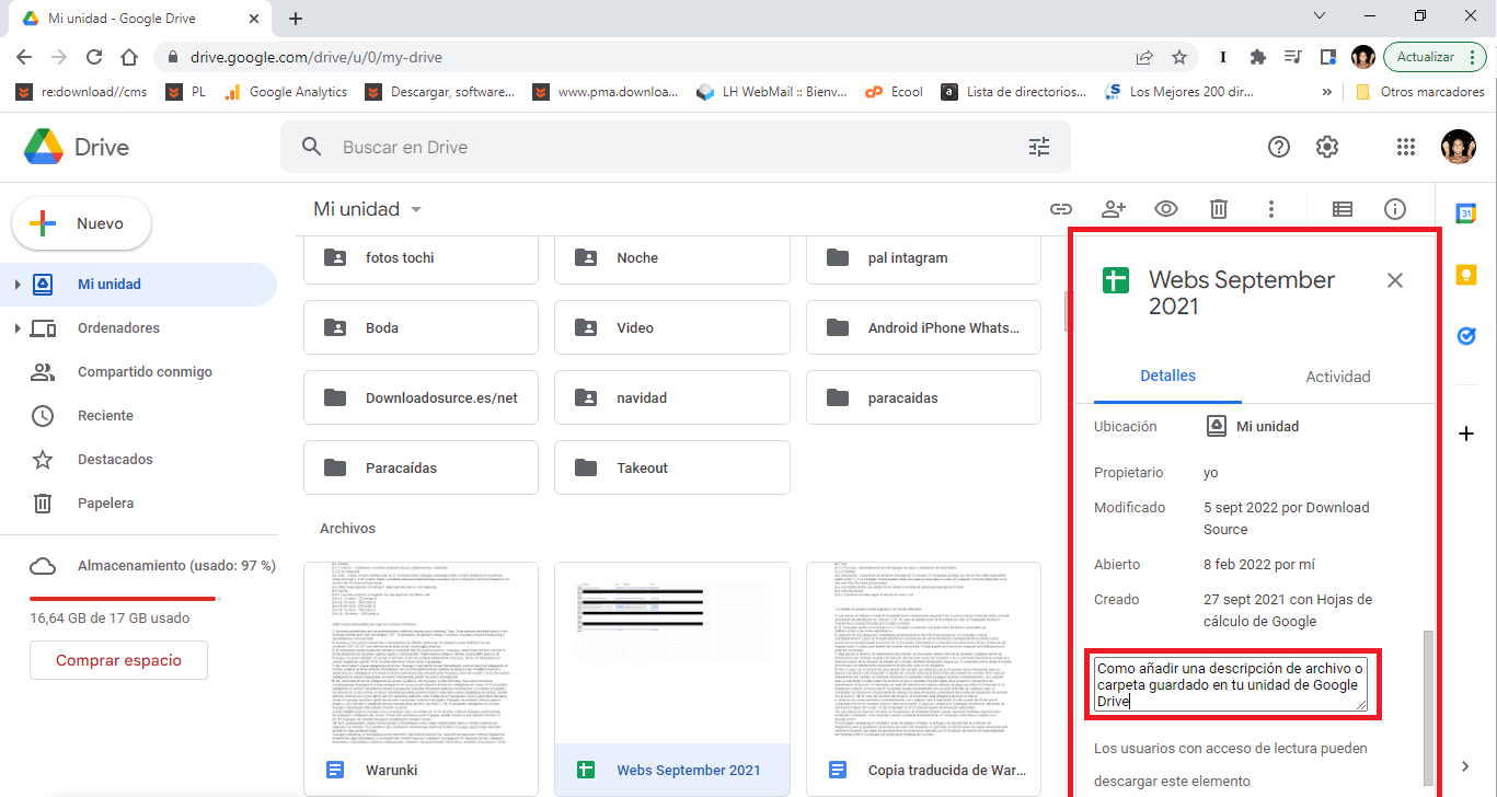 google drive permite añadir descripciones a sus archivos y carpetas