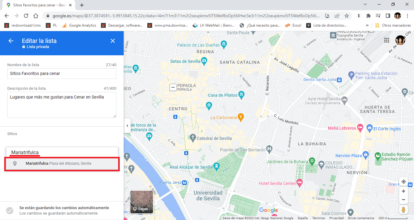 puedes crear lista de sitios favoritos con google maps