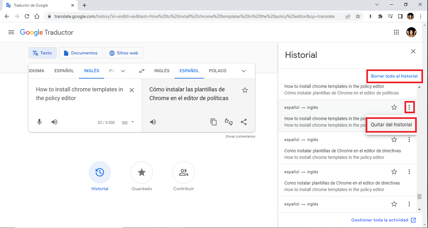 como borrar el historial de google translate